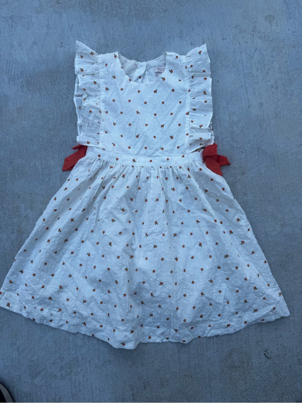 Pink Chicken White Eyelet Dress with Orange Dot Accents and Orange Side Bows - 8